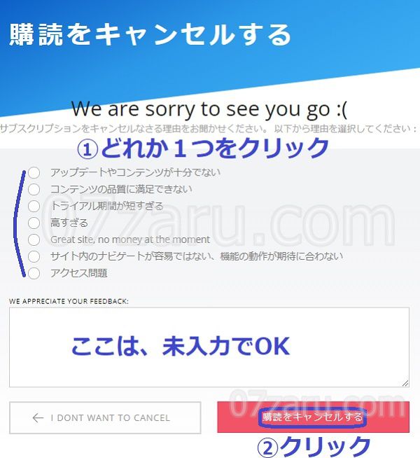TGirlJapanの退会アンケート画面